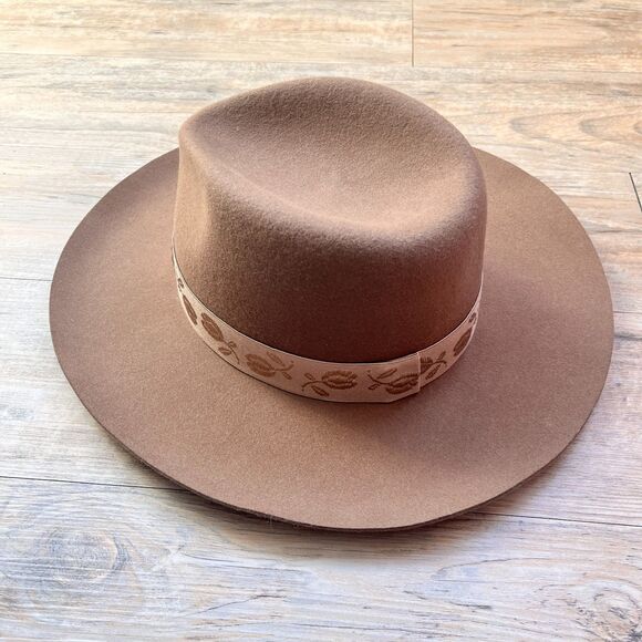 Olive & Pique Wool Wide Brim Fedora Hat Brown Banded NWT Boho Western Tan main image 6